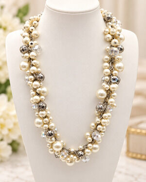 Chunky Faux Pearl AB Bead Cha Cha Necklace Silver Tone Filigree Statement